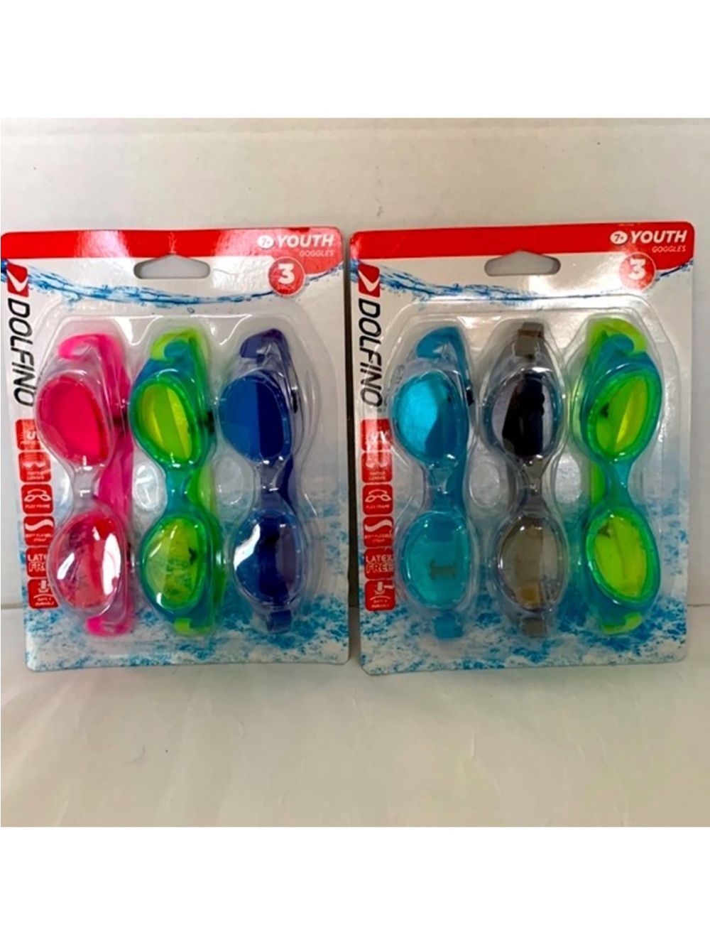 Dolfin Youth 3-Pack Kids Swim Goggles - Pink, Green, Blue. Set of 2